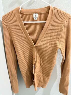 A New Day Women's Ribbed V-Neck Button-Up Cardigan, Tan, Medium